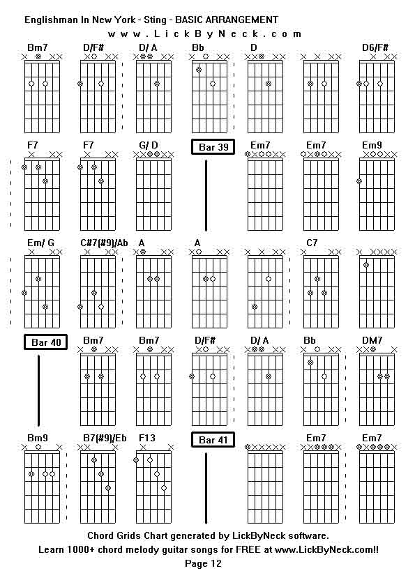 Chord Grids Chart of chord melody fingerstyle guitar song-Englishman In New York - Sting - BASIC ARRANGEMENT,generated by LickByNeck software.